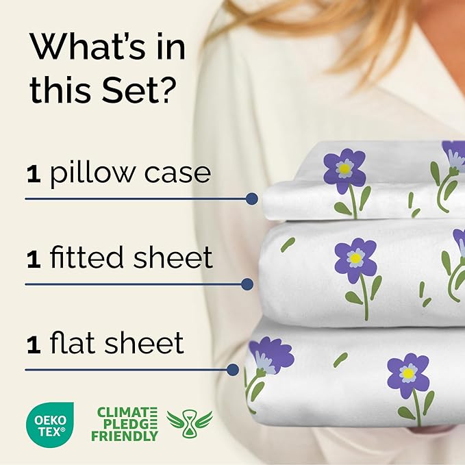 Floral Sheets - Purple Floral Bed Sheet Set - 1 Flat, 1 Fitted & 1 Pillowcase w/ Deep Pockets - Comfy, Wrinkle & Fade Free - Boho Botanical Bedding - Ultra-Soft, Breathable & Cooling - Twin Size Set