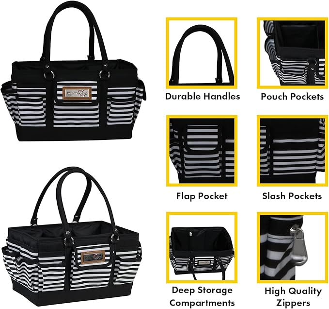 Everything Mary Deluxe Store & Tote Organizer – Black & White Stripe Craft Tote with Handle – Sewing, Scrapbooking & Art Supply Caddy for Creative Project Storage