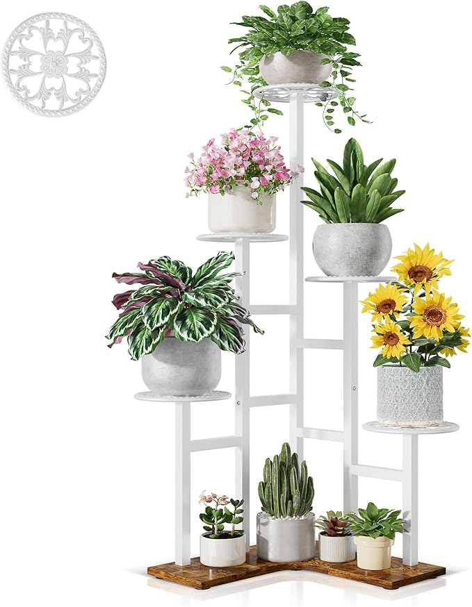 6 Tier Plant Stand Indoor Outdoor, Tall Metal Wood Shelf Tiered Planter Display Shelving Unit for Living Room Bedroom Balcony