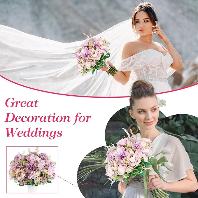Olgaa 12 Bundles Peonies Artificial Flowers Silk Flowers Fake Peony Bouquet Faux Peonies Flowers Bulk for Wedding Decor Centerpiece Table Decorations (Light Purple)