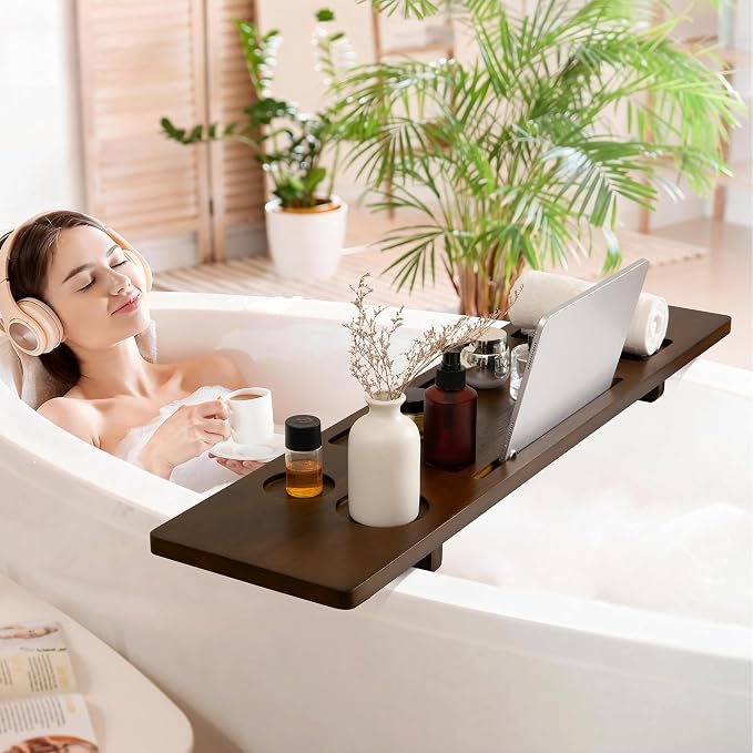 Teak Bathtub Tray - Wood Bath Caddy Tray 35" for Large Tubs - Adjustable Bathtub Table Trays - Luxury Shower Organizer for Home Spa Relaxation and Reading - Dark Walnut Color