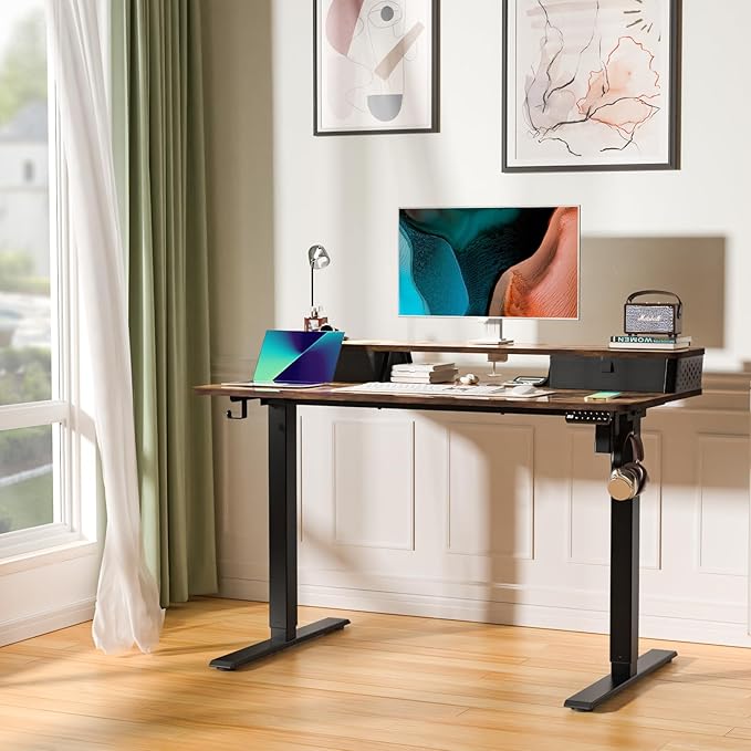 Electric Standing Desk with 2 Drawers 48''x 24'' Adjustable Height Sit to Stand Up Desk with Storage Shelf C-Clamp Mount Compatible Home Office Desks Computer Gaming Table Ergonomic Workstation