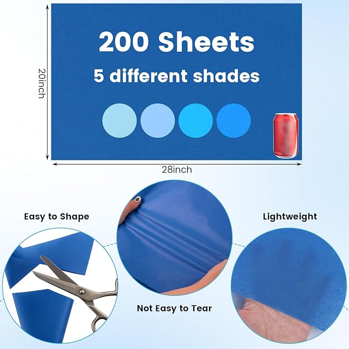 Shindel 200 Sheets Blue Tissue Paper Bulk, 20x28 Inch Blue Wrapping Paper for Christmas Gift Bags DIY Crafts Party Decorations Flower Bouquets