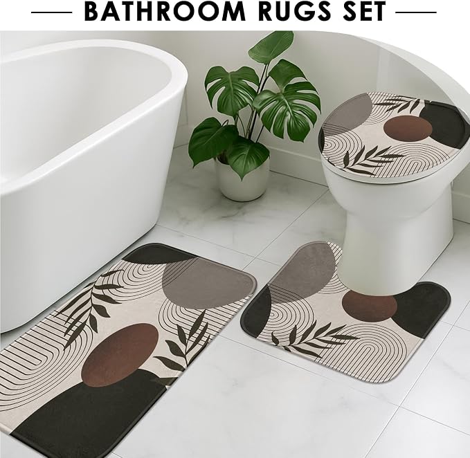 Boho Shower Curtain Set with Toilet Lid Cover and Non-Slip Rugs, Vintage Brown and Beige Tan Taupe Minimalist Geometric Mid Century Leaf 4 Pcs Shower Curtain for Bathroom Set with 12 Hooks