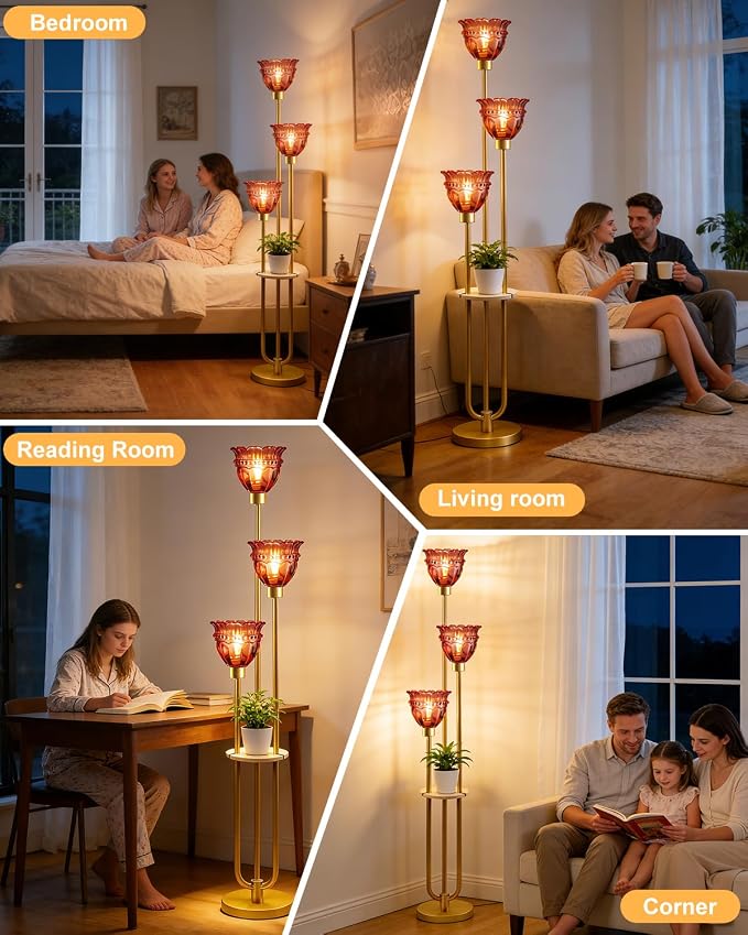 Lightdot Glass Floor Lamp with 5Lbs Heavy Base for Living Room Modern Gold Floor Lamp with Rose Red Glass Shade & 3000K Bulbs Included Tall Standing Lamp with Foot Switch for Sofa Beside/Corner Decor