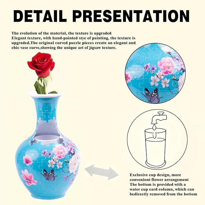 3D Puzzle Vase, 160 Curved Pieces DIY Flower Vase Craft Kit & 3D Puzzles for Adults, Creative Jigsaw Art Project Home Décor Centerpiece, for Women, Mom (Blue Sakura & Butterfly)