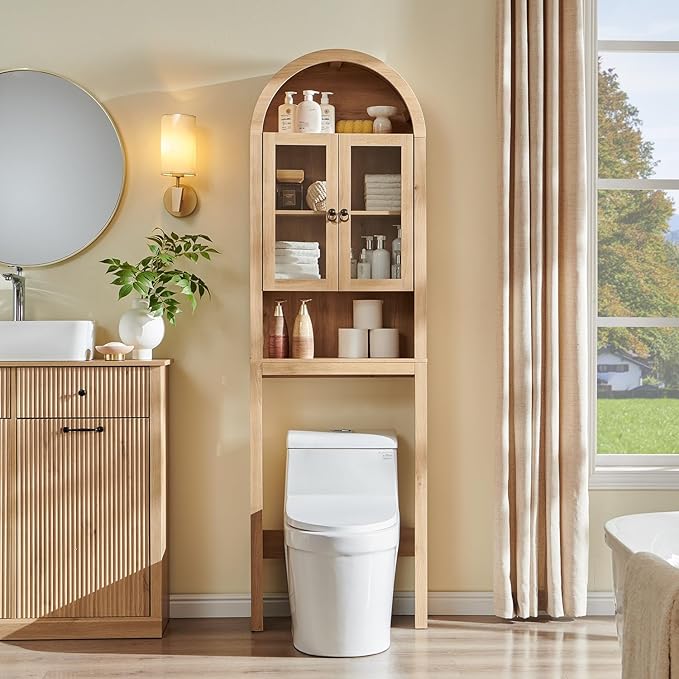 IFGET Arched Over The Toilet Storage Cabinet with Acrylic Doors, Modern Over Toilet Bathroom Organizer Shelf, Small Wooden Bathroom Storage Cabinet with Adjustable Shelf,Space Saver, Natural Oak