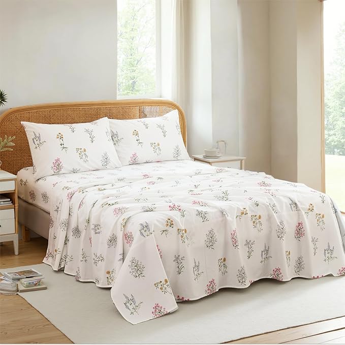 100% Cotton Sheet Set Queen Size – 4-Piece Chic Garden Floral White Bedding Set, Soft Breathable Percale Weave, Deep Pocket Fitted Sheet 17.5", Crisp Cool Feel, Refined Botanical Elegance