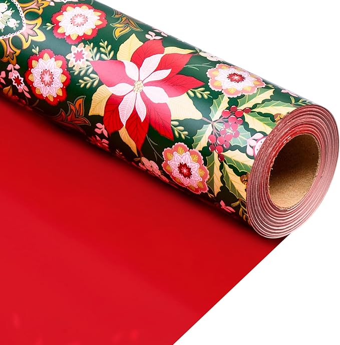 MAYPLUSS Christmas Wrapping Paper Roll - 17IN X 33FT - Vintage Gift Wrapping Paper Featuring Christmas Flower Against Green Reversible Red for Kids, Holiday, New Year