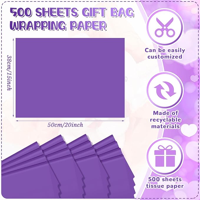 Qilery 500 Sheets Purple Tissue Paper Bulk for Gift Bags 15 x 20 Inch Acid Free Packaging Wrapping Decoupage Paper Sheets for Christmas Winter Decor DIY Crafts, Parade Float, Bouquet, Wedding