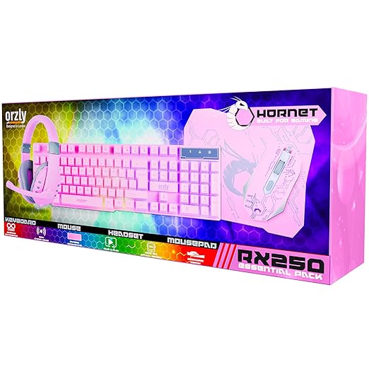 Pink Gaming Keyboard and Mouse Headset Headphones and Mouse pad, Wired LED RGB Backlight Bundle Pink PC Accessories for Gamers and Xbox and PS4 PS5 Nintendo Switch Users - 4in1 Edition Hornet RX-250