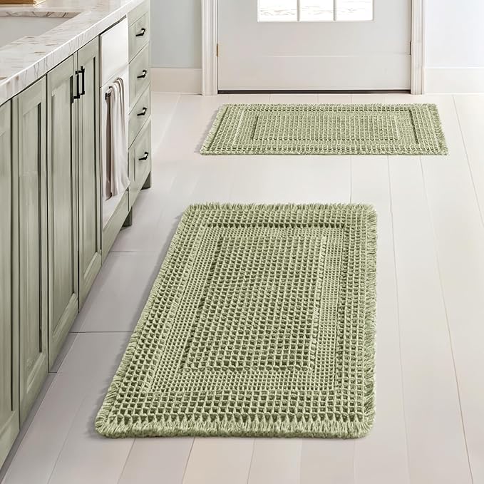 MIULEE Set of 2 Waffle Bathroom Rugs, Boho Bath Rug Super Absorbent, Non Slip Washable Ultra Soft Rubber Backed Shower Bath Mats for Floor, Tub, Shower, Looped Design, Sage Green, 17x24 Inch