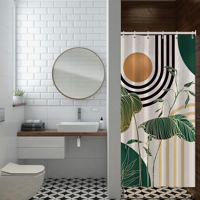 Boho Green Geometric Shower Curtain Bohemian Abstract Mid Century Tropical Bathroom Curtain Minimalist Modern Palm Leaf Shower Curtain Sets for Bathroom Extra Long 54x72 in with 10 Hooks