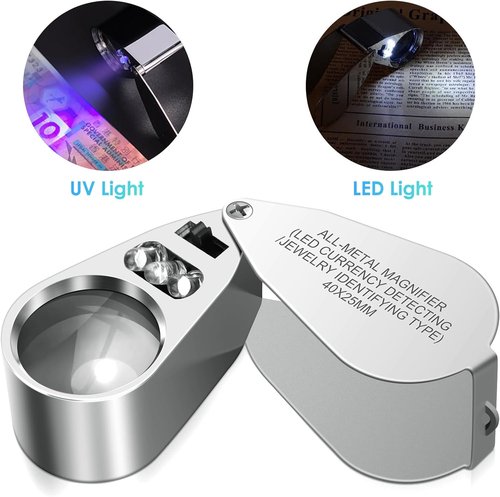 Leffis 2 Pack Jewelers Loupe Magnifier - LED/UV Illuminated Folding Magnifying Glasses for Jewelry & Collectibles