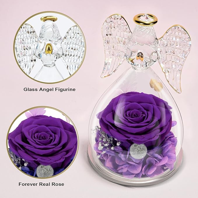 Yamonic Mom Birthday Gifts for Mom Grandma, Angel Figurines with Real Rose Gifts for Women Moms, Preserved Flowers Rose Glass Angel for Mothers Day Christmas Valentine's Day Gifts for Her(Purple)