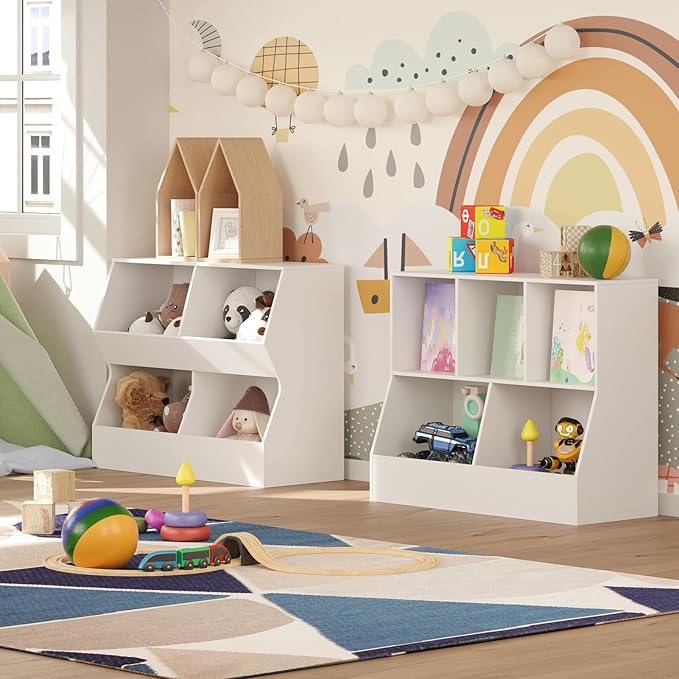 DINZI LVJ Kids Bookshelf, Toy Storage Organizer, Wooden Toy Storage Cabinet, 4 Cubby Children Bookcase, 31.5" L Toddler Book Shelf for Bedroom, Nursery, Hallway, School, White