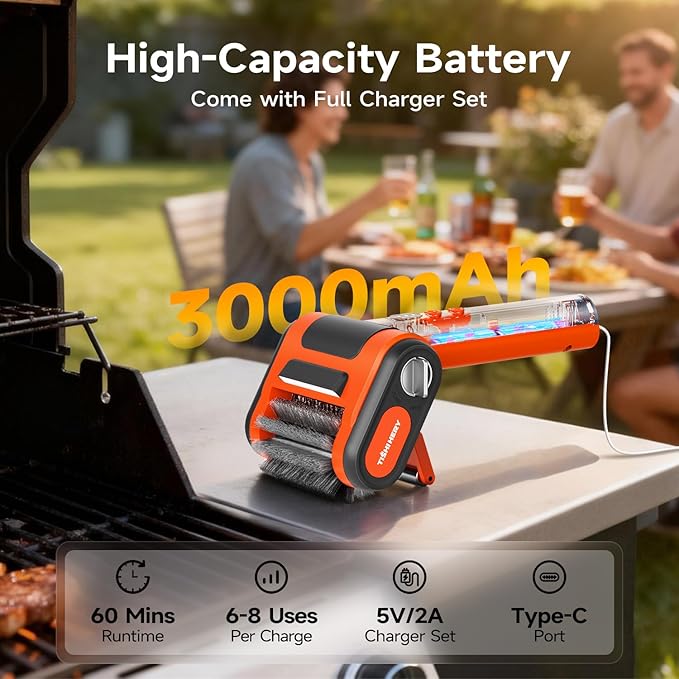 Electric Grill Brush for Outdoor Grill, 800 RPM Brush Head, 3000mAh Battery, No Preheating Grill, 304 Stainless Steel Bristle, Rechargeable Cordless BBQ Grill Cleaner with LED Light, Gift for Men/Dad
