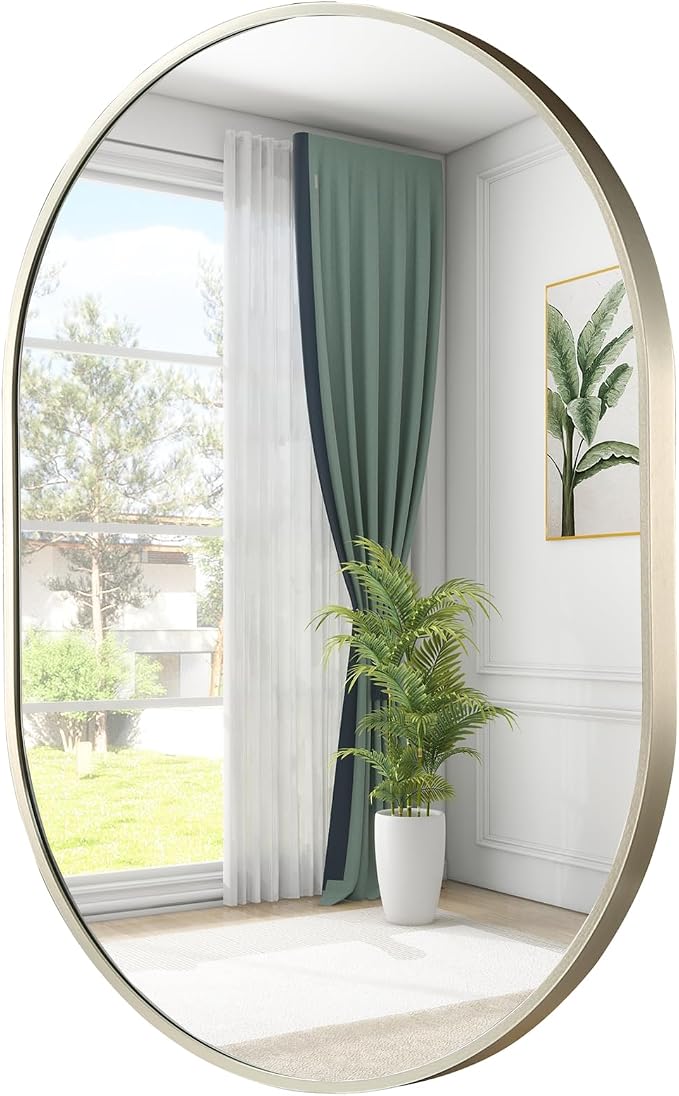 Brushed Nickel Mirror, 17"x30" Oval Bathroom Mirror, Oval Mirror with Brushed Metal Frame, Wall Mount Mirrors Decor for Bathroom, Bedroom, Entryway (Hangs Horizontally or Vertically)