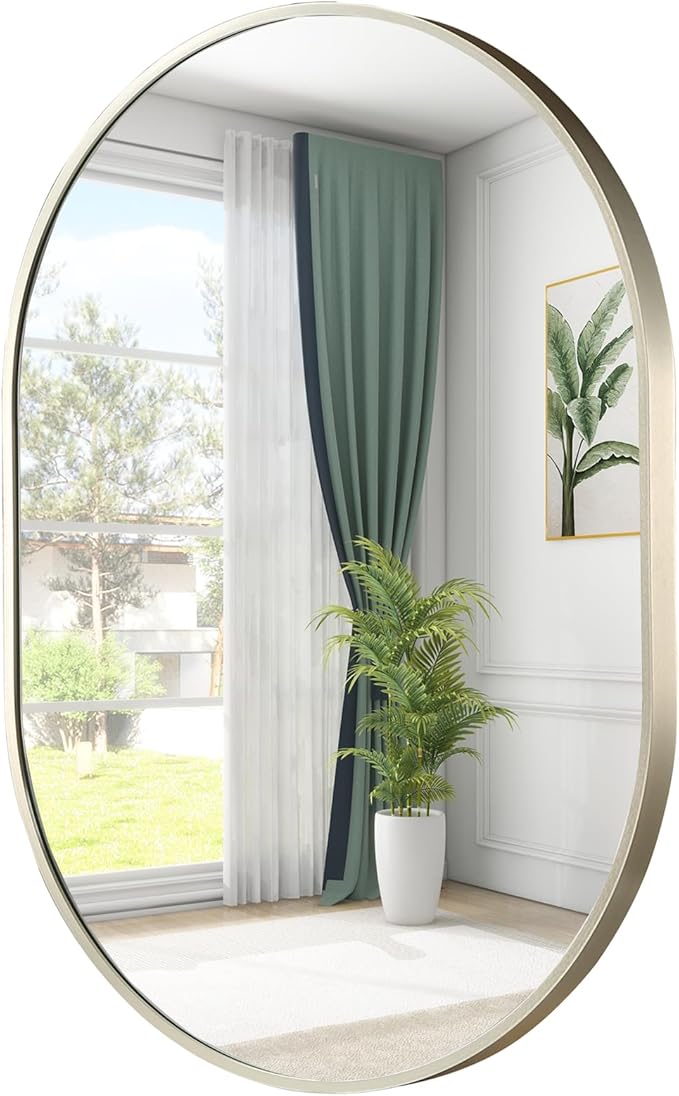 Brushed Nickel Mirror, 22"x30" Oval Bathroom Mirror, Oval Mirror with Brushed Metal Frame, Wall Mount Mirrors Decor for Bathroom, Bedroom, Entryway (Hangs Horizontally or Vertically)