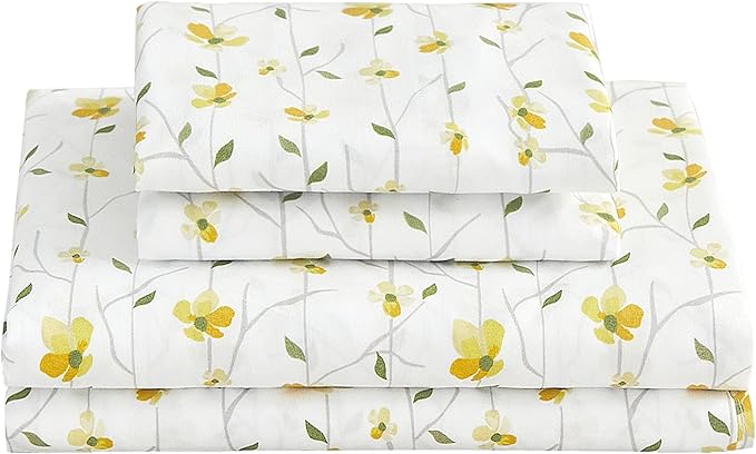 Softan King Sheet Set Yellow Floral Bed Sheets Printed Sheets - 4 Piece Soft Microfiber Patterned Fitted Sheets King with 15" Deep Pocket and Corner Straps, Cute Yellow Flower Sheets & Pillowcase Set