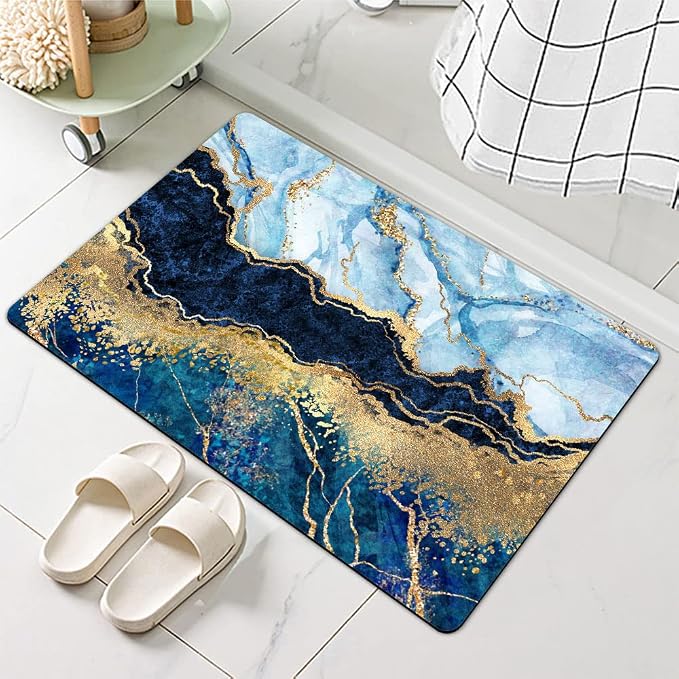 Diatomaceous Earth Bath Mat,Blue White Black and Gold Marble Non-Slip Volume Super Absorbent Fast Drying for Bathroom Kitchen Door mat,Eco-Friendly Easy to Clean 17×27.5Inch (43 * 70cm)