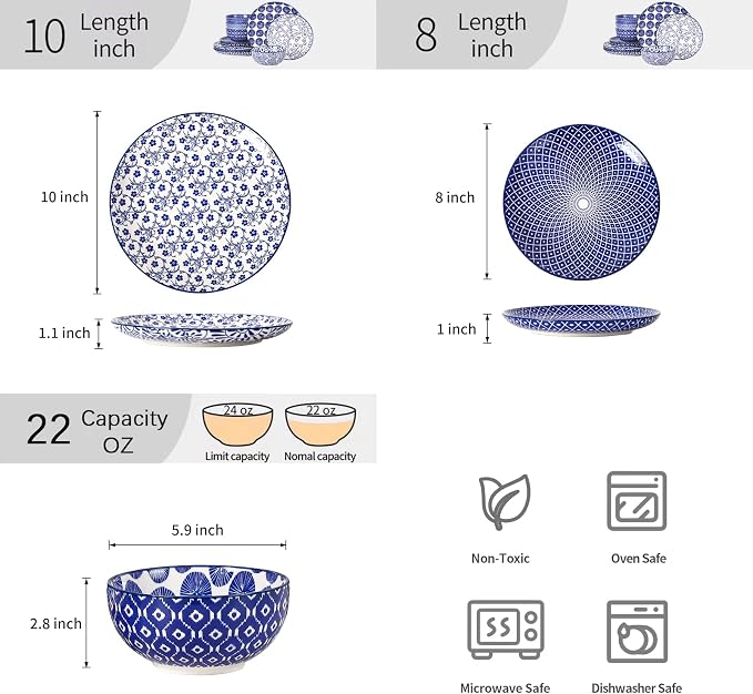 Selamica Ceramic Plates and Bowls Sets,12 Pieces Dinnerware Sets for 4,Scratch Resistant Dish Set,Dishwasher & Microwave Safe, Vintage Blue