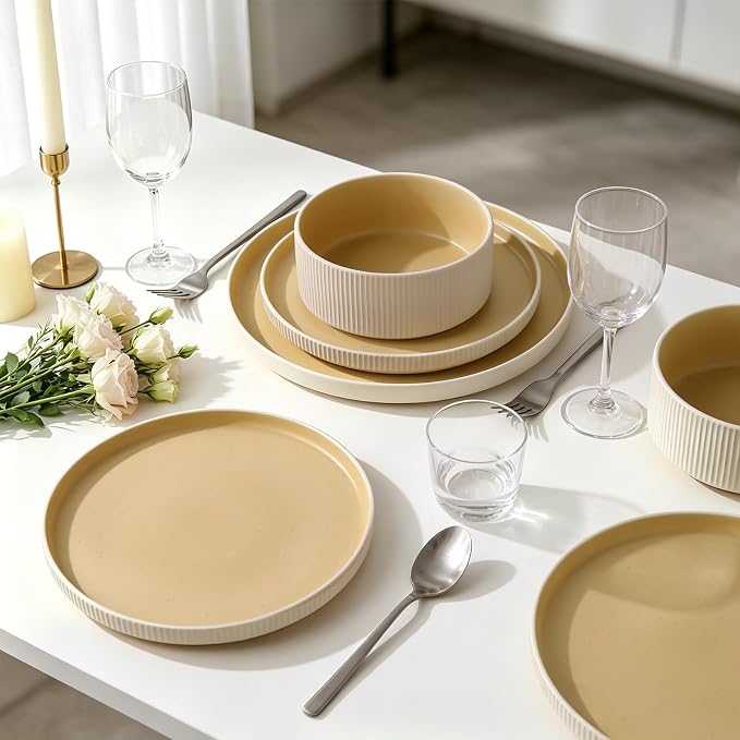 MONITO Ceramic Dinnerware Sets for 6, 18PCS Stoneware Plates and Bowls Sets, Reactive Glaze Dish Set, Chip and Scratch Resistant Double, Microwave and Dishwasher Safe, White Orange