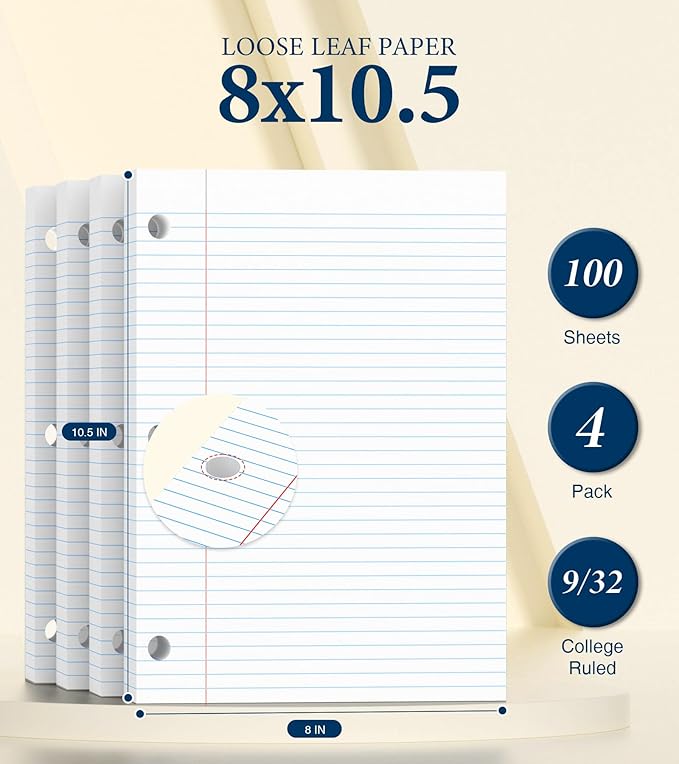 PINJINGPRO College Ruled Loose Leaf Paper, 3 Hole Punch Paper 8 x 10.5, Notebook Paper, Filler Paper for 3 Ring Binders, Lined Paper College Ruled, 100 Sheets/Pack Writing Paper With Lines (4 Pack)