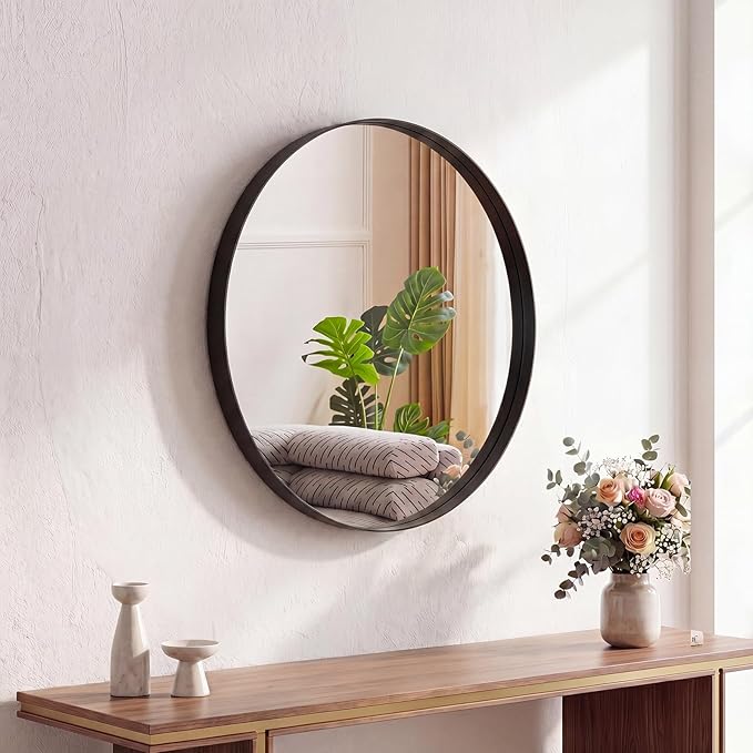 Sweetcrispy Bathroom Round Mirrors for Over Sink, 20 Inch Wall Circle Mirror with Matte Metal Frame, Modern Wall Mount Vanity Mirror for Home Decor, Living Room, Bedroom, Black