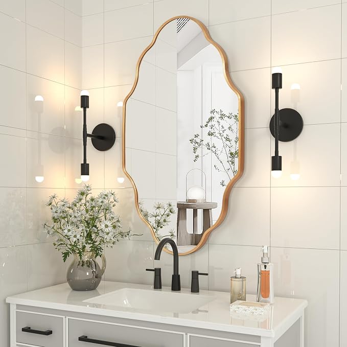 Scalloped Mirror for Bathroom - 24"x36" Gold Bathroom Mirror with Aviation Aluminum Alloy Frame & Shatter-Proof Glass for Living Room Bedroom Entryway, Brushed Gold Frame(x1)