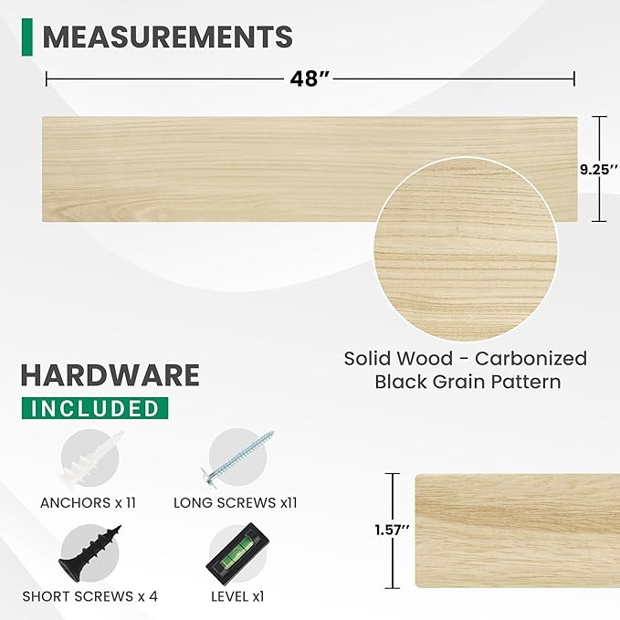 Solid Wood Floating Shelves For Wall, 48”W x 9”D x 1.56”H Large Wall Shelves for Living Room Bedroom Bathroom Kitchen Drcor Storage with Invisible Heavy-Duty Metal Bracket, Natural, Set of 1