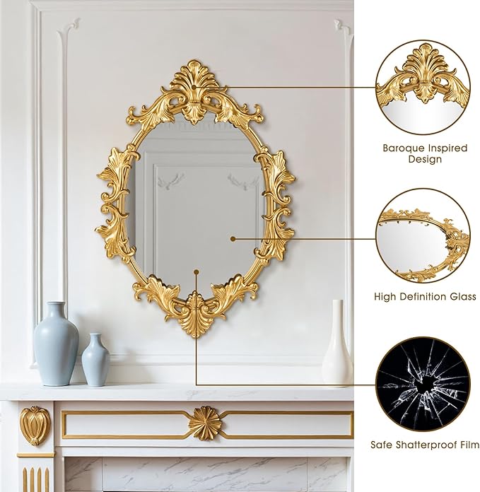 Gold Oval Wall Mirror, 19"x27" Vintage Decorative Baroque Hanging Mirrors for Bedroom, Living Room Dresser Decor, Entryway