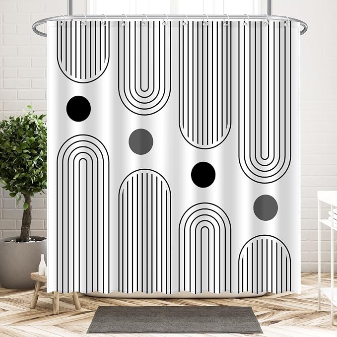 JWXCBIM Boho Mid Century Shower Curtain Set, Modern Minimalist Arch Lines Sun Abstract Aesthetics Bathroom Decor, Waterproof Fabric White Bohemian Bath Curtain with 12 Hooks 72x72 inches