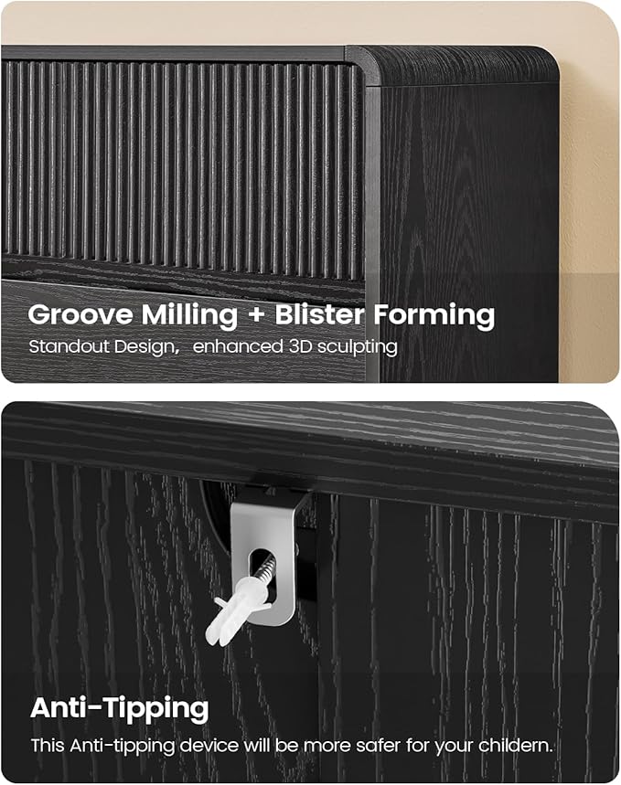 AOGLLATI Modern Wood 9 Drawer Dresser for Bedroom, 55" Long Fluted Double Dressers & Chests of Drawers with Curved Profile Design for Bedroom,Black