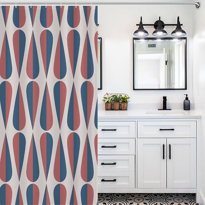 Mid Century Modern Shower Curtain,Retro Geometric Drop Shapes Art Style Shower Curtains Set for Bathroom Fabric Decorative Bath Curtain Washable Curtain Hooks, 72x72 in