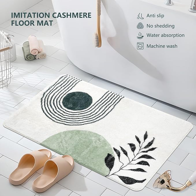 APROPHIC 17"X24" Boho Bath Rugs for Bathroom Decor Non-Slip Bath Mat Absorbent Plush Microfiber Soft Carpet Machine Washable Bath Mat for Sink, Showers, Laundry Rooms, Living Room, Green