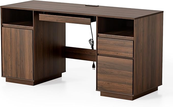 Farmhouse Executive Desk with File Drawer 59" Large Computer Desk Home Office Desk with Charging Station, Keyboard Tray, Storage Cabinet Modern Workspace for Study, Writing, Brown