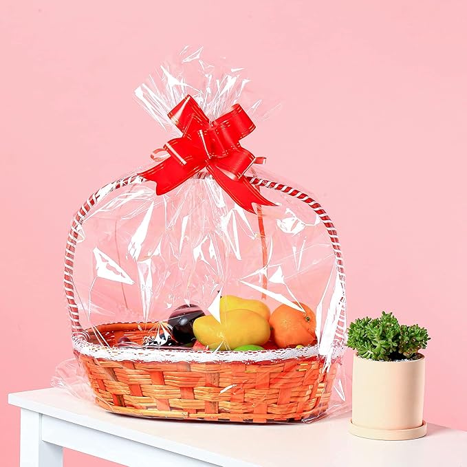 50 Packs 32 x 40 Inches Extra-large Cellophane Bags for Basket Jumbo Clear Cellophane Wraps Clear Huge Cello Bags for Baskets, Gifts, Christmas Trees, Treats, Arts and Crafts, 50ct Ribbon Bows