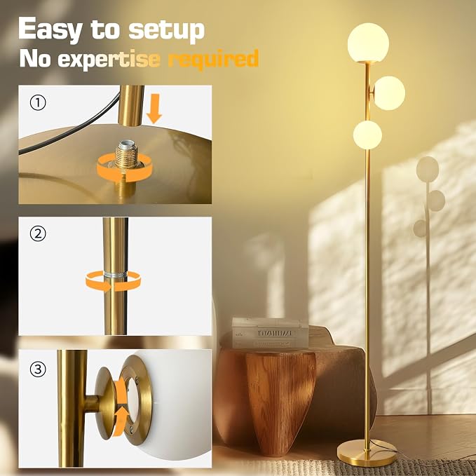 Mid Century Gold Floor Lamp,Dimmable LED Brass Floor Lamp Touch Control with Remote,Vintage Modern 3 Globe Standing Lamp for Corner,Living Room,Bedroom