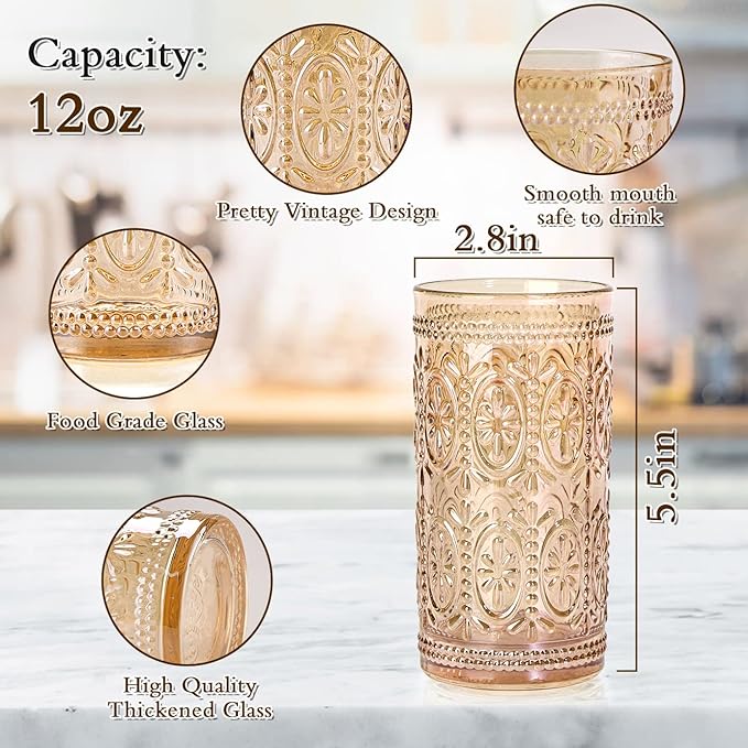 abrwyy Amber Glassware set of 4 Vintage Drinking Glasses, 12oz Amber Heavy Duty Glass Cups, Old Fashioned Glass, Highball Glasses Set for Party Wedding Home Office Glassesware Gift