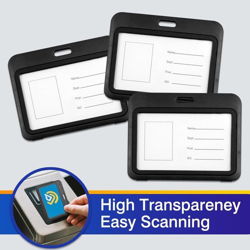 3-Pack Horizontal Hard Plastic ID Badge Holders - Double-Sided Black Card Cases for Office & School Use
