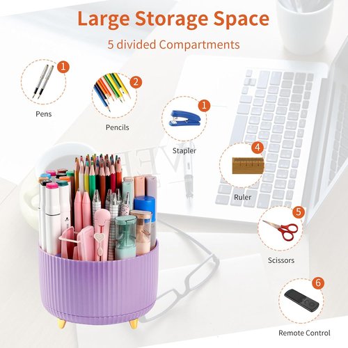 Skiennix 360° Rotating Desk Pencil Holder - 5 Slot Organizer for Office & Home - Purple