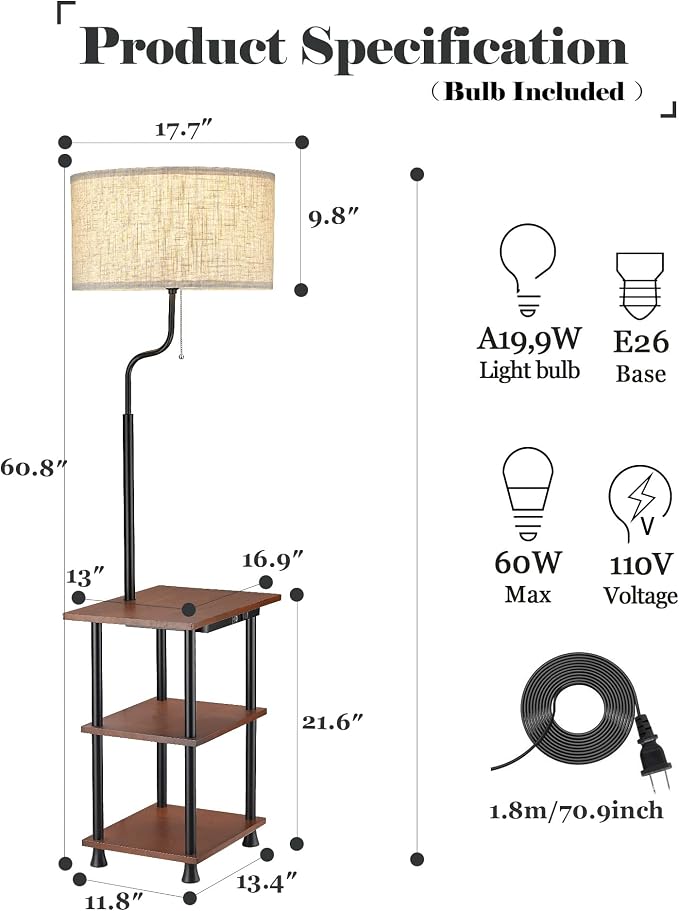 ELYONA Rubber Wood Floor Lamp with Table, Rustic End Table Lamp with USB & Type C Charging Port & Outlet, 3-Tier Shelf Nightstand Tall Standing Lamp for Living Room, Bedroom, Office, LED Bulb Included