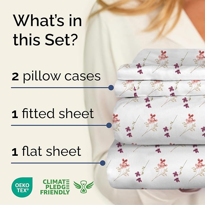 Floral Sheets - Pink & Purple Floral Bed Sheet Set - 1 Flat, 1 Fitted & 2 Pillowcases w/ Deep Pockets - Comfy, Wrinkle & Fade Free - Boho Botanical Bedding - Soft, Breathable & Cooling - Full Size Set
