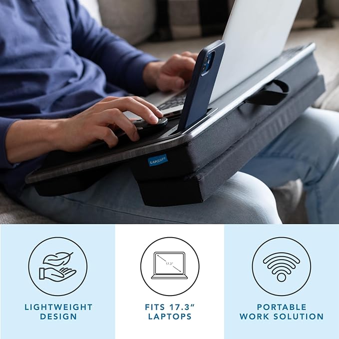 LAPGEAR Extra Large Adjustable Lap Desk – Fits Laptops up to 17.3”, Adjustable Cushion, Memory Foam Wrist Rest, Mouse Pad, Device Ledge, & Phone Slot – Gray Woodgrain - Style No. 88105