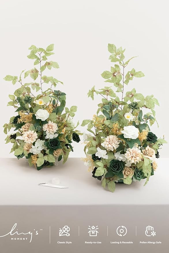 Ling's moment 41" Tall Free Standing Artificial Flowers Arrangements 2 pcs Wedding Arch Altar Stage Decorations Emerald & Tawny Beige Ceremony Reception Rose Fake Floral Party Centerpieces Decor