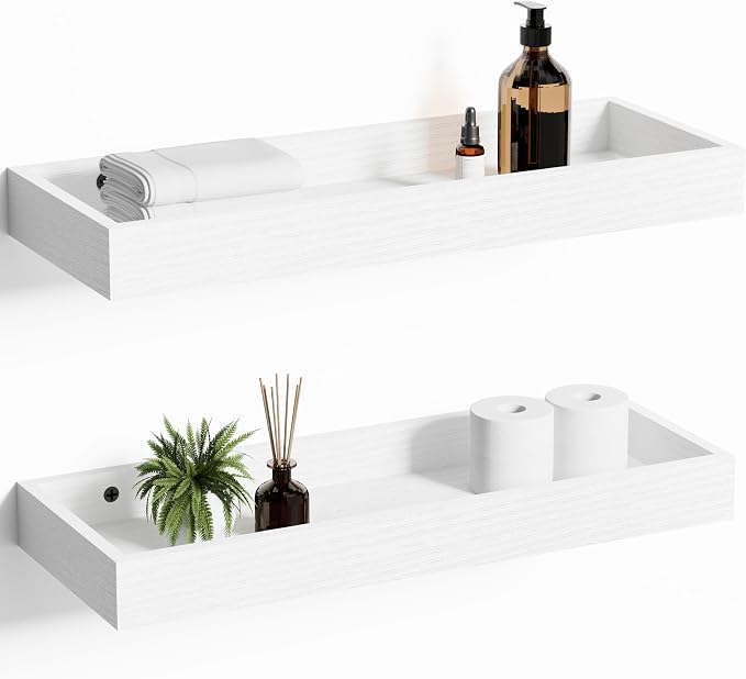 2 Pack 15.7 in White Floating Shelves for Wall, Wooden Wall Shelves for Bedroom Living Room Kitchen, Modern and Rustic Bathroom Shelves with Raised Lip, Decor Floating Shelf for Storage Display