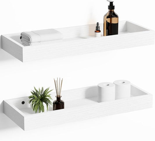 2 Pack 15.7 in White Floating Shelves for Wall, Wooden Wall Shelves for Bedroom Living Room Kitchen, Modern and Rustic Bathroom Shelves with Raised Lip, Decor Floating Shelf for Storage Display