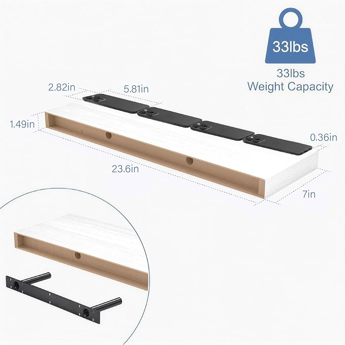 White Floating Shelves Set of 2, 24 Inch Wall Mounted Wood Shelves for Bathroom Over Toilet, Bedroom, Living Room, Kitchen & Office Storage, Modern Display Shelves