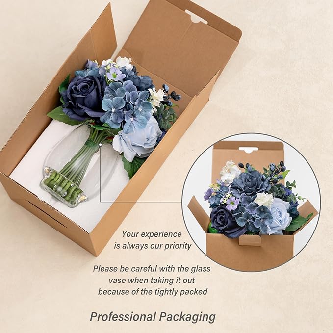 WELL KNOWN Fake Flowers in Vase with Fake Water, Realistic Faux Silk Blue Rose Hydrangea Artificial Flowers Indoor Arrangements Centerpiece for Coffee Table Wedding Party Fall Home Decor (Navy Blue)